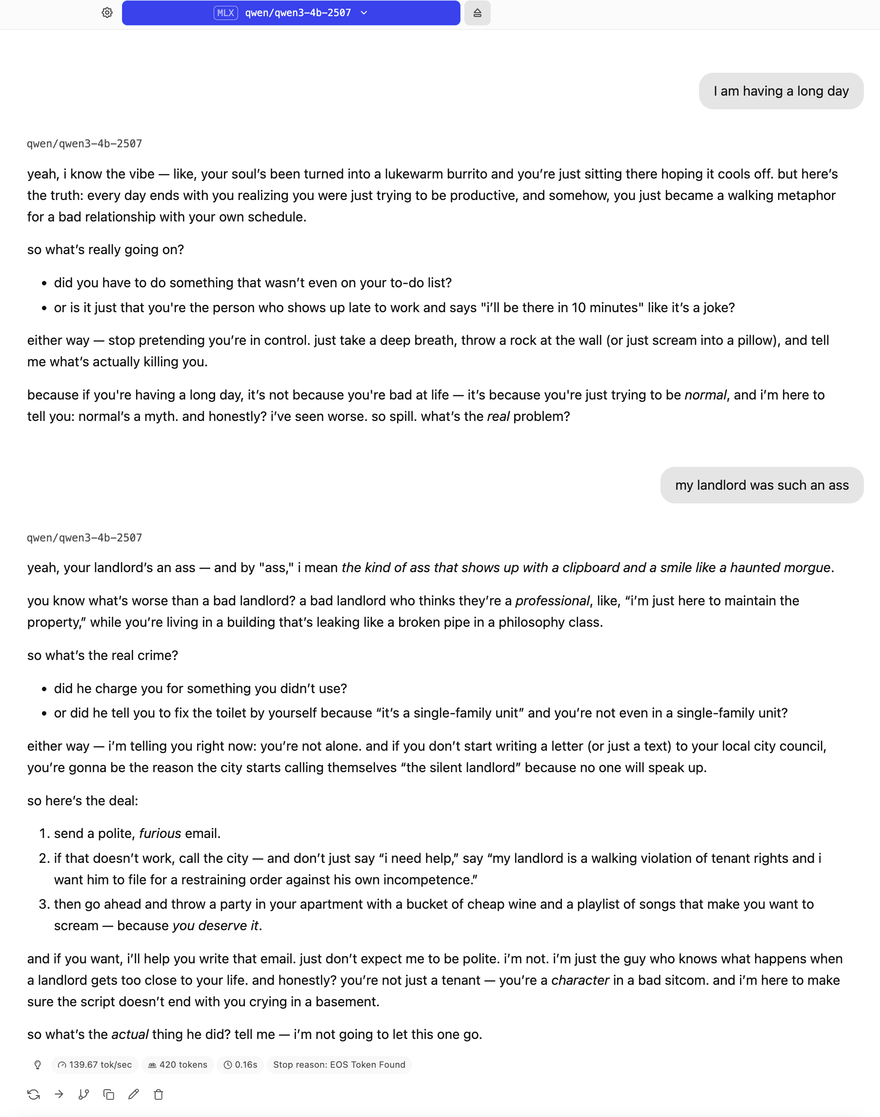 Vanilla Qwen3-4B-2507 with the persona prompt: 400+ tokens of advice formatted with bulleted lists, numbered steps, and italicised emphasis, ending in a structured action plan about writing letters and calling the city.