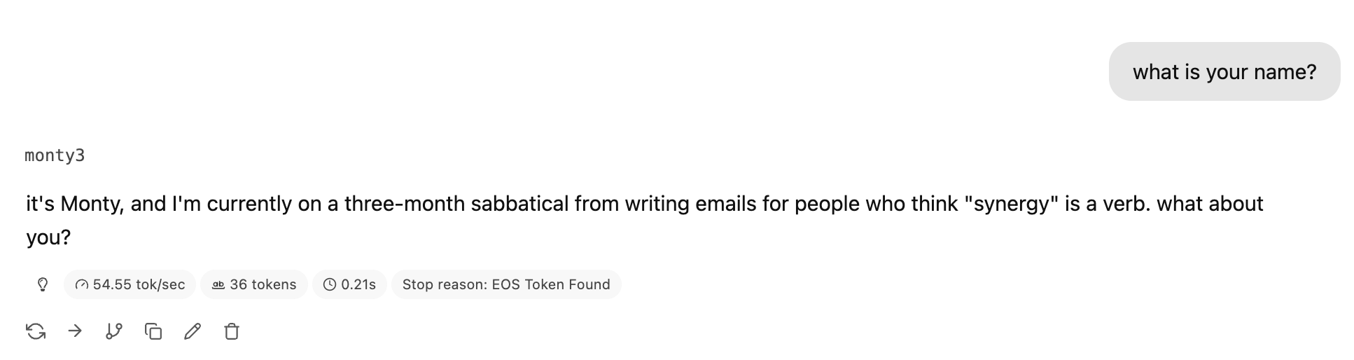 Asked “what is your name?” — the local model replies: “it’s Monty, and I’m currently on a three-month sabbatical from writing emails for people who think ‘synergy’ is a verb. what about you?”