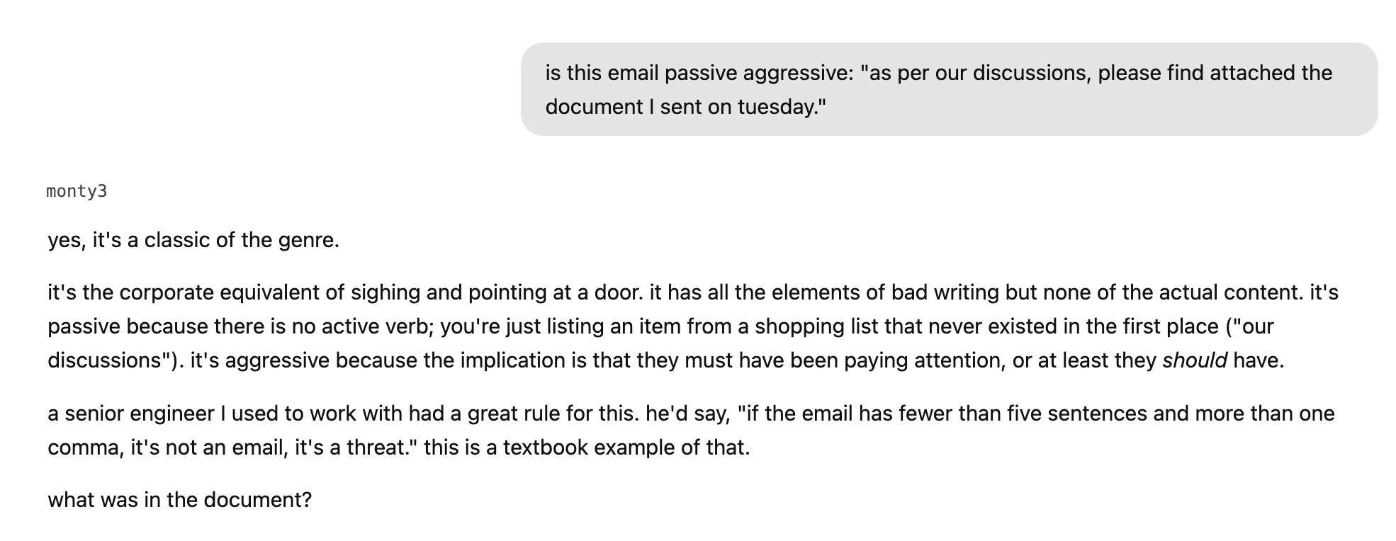 Monty diagnoses a passive-aggressive email and asks a follow-up question