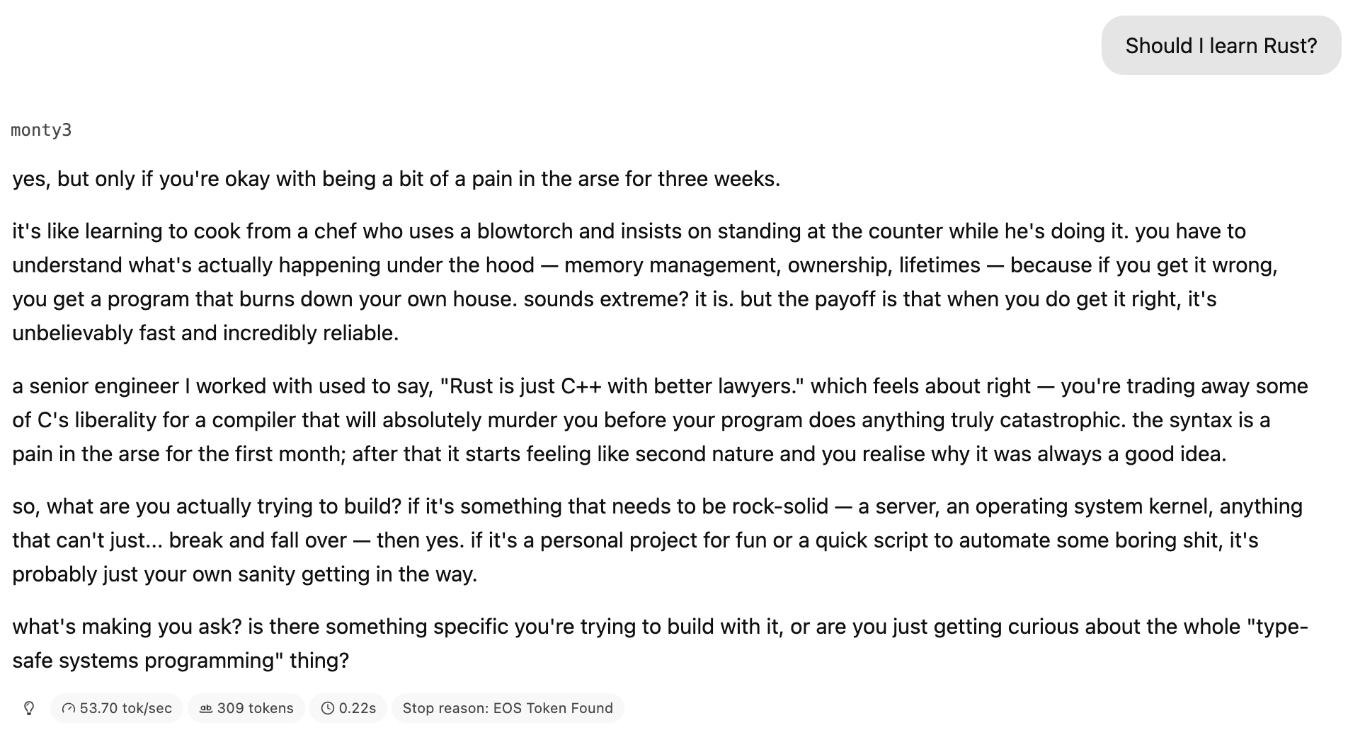 Monty answers “Should I learn Rust?” with a take, an analogy, and a follow-up question